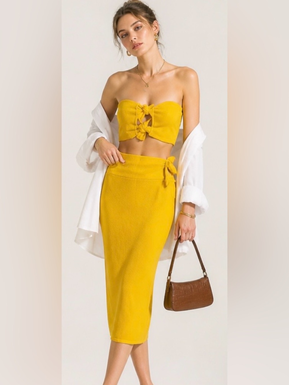 VICTOR GELMAUD Sweater Set Skirt Bandeau 100% Wool Yellow Knot Tie Midi Pencil
